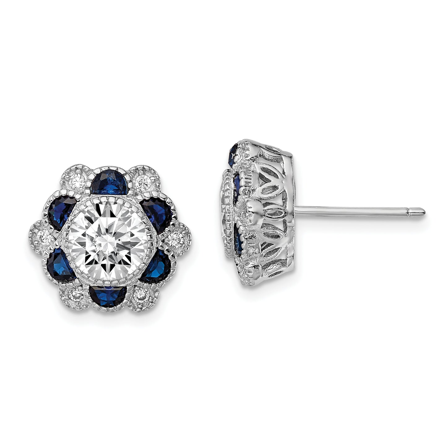 Sterling Silver Rhodium-Plated Blue Spinel And Cz Flower Post Earrings