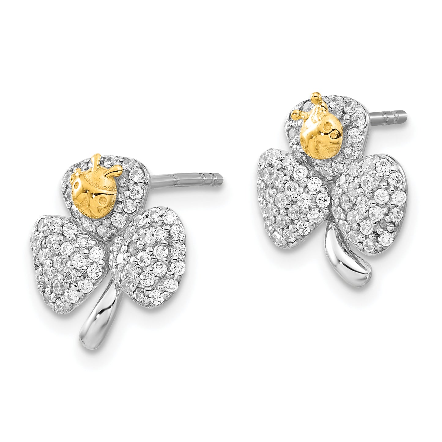 Sterling Silver Rhodium & Gold-Tone Polished Cz Ladybug Clover Post Earrings