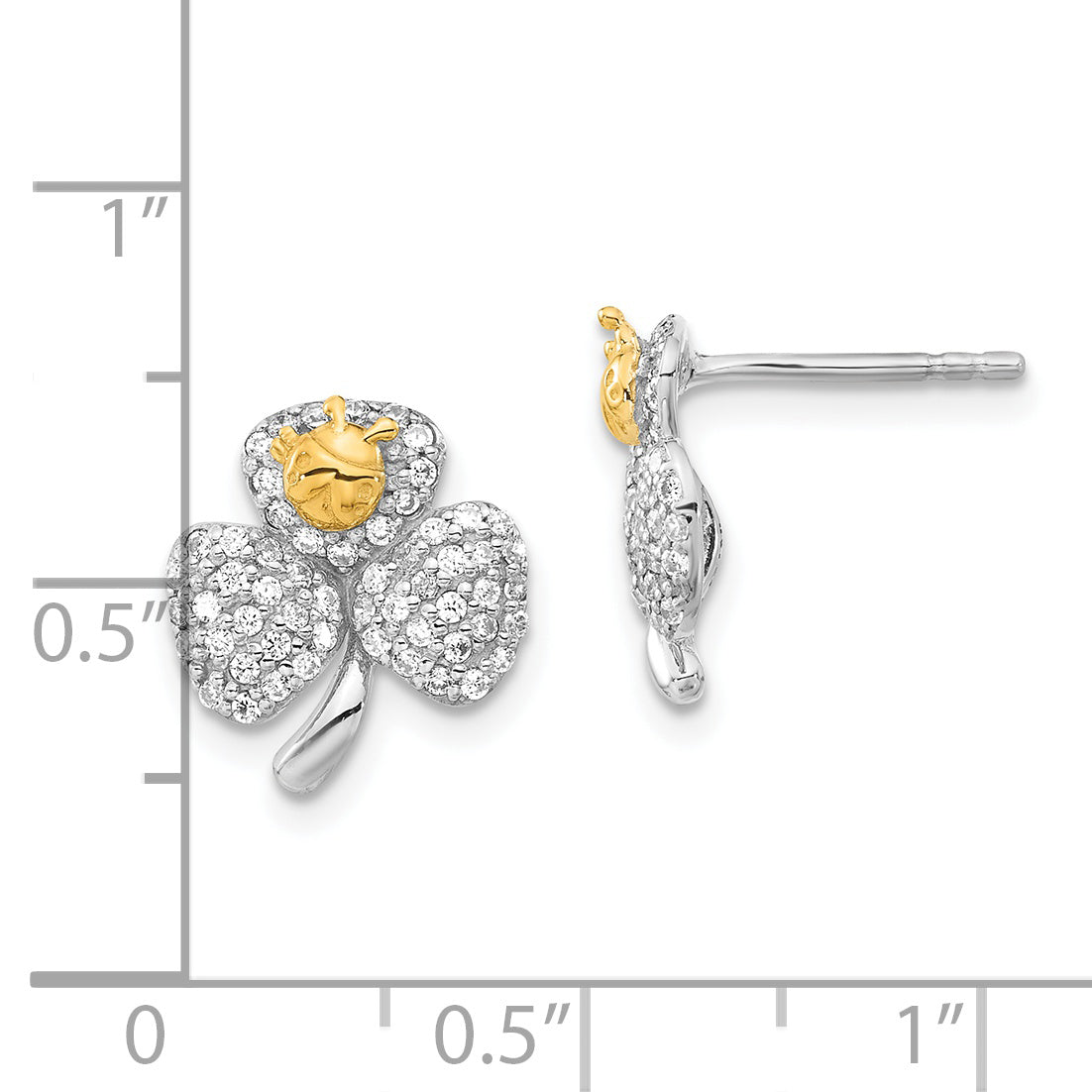 Sterling Silver Rhodium & Gold-Tone Polished Cz Ladybug Clover Post Earrings