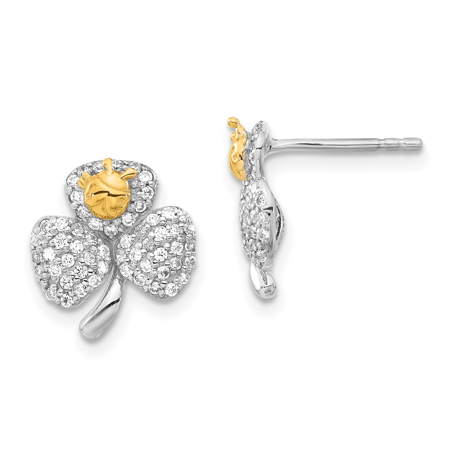 Sterling Silver Rhodium & Gold-Tone Polished Cz Ladybug Clover Post Earrings