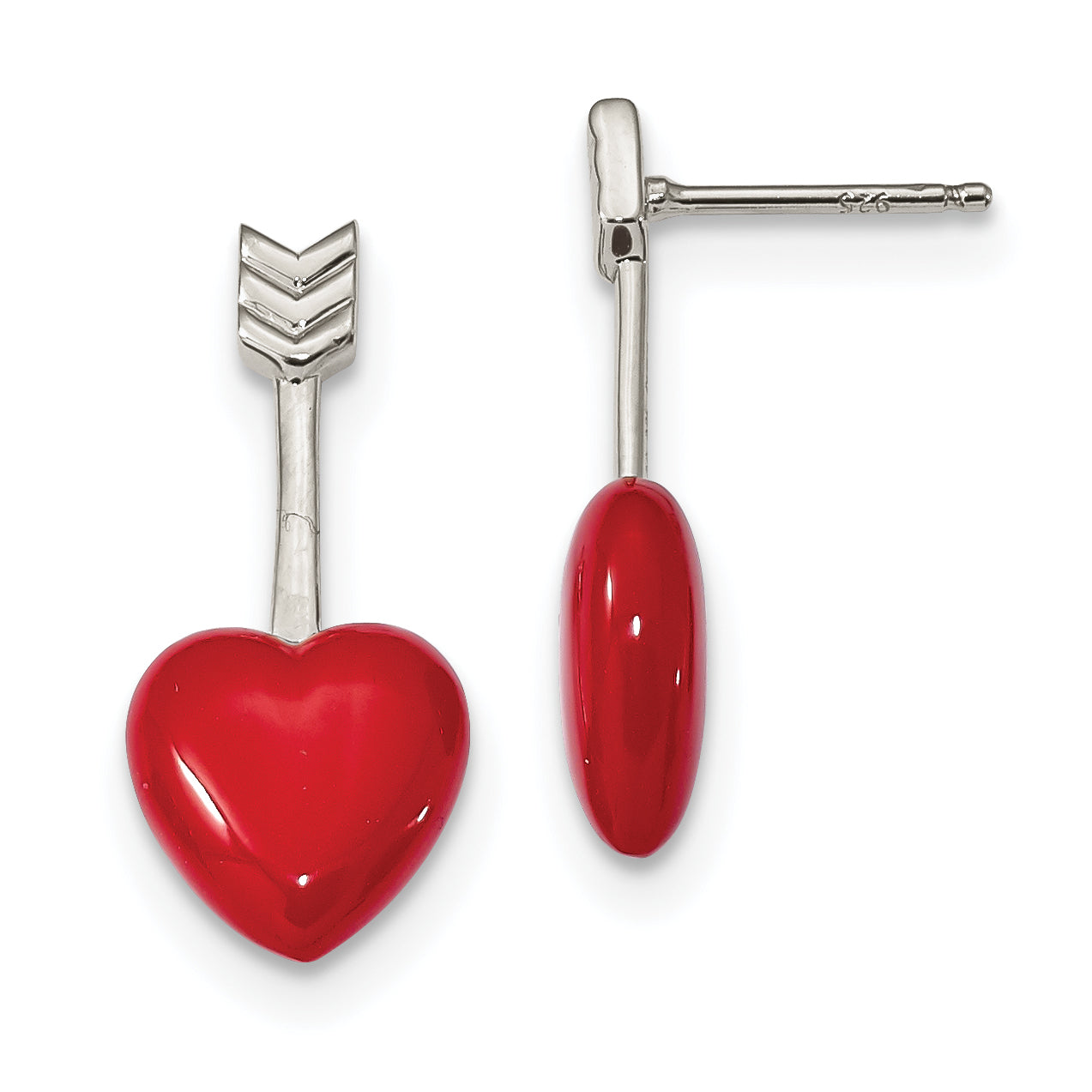 Sterling Silver Rhodium-Plated Arrow Enamel Heart Post Earrings