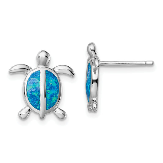 Sterling Silver Rhodium-Plated Polished Blue Created Opal Turtle Post Earrings