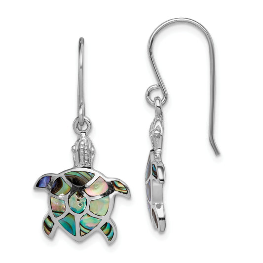 Sterling Silver Rhodium-Plated Polished Abalone Turtle Dangle Earrings