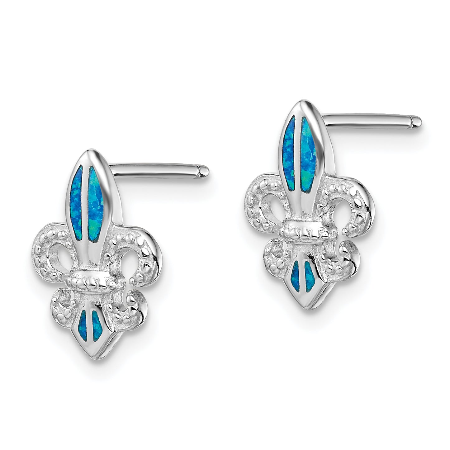 Sterling Silver Rhodium-Plated Polished & Beaded Blue Created Opal Fleur De Lis Post Earrings