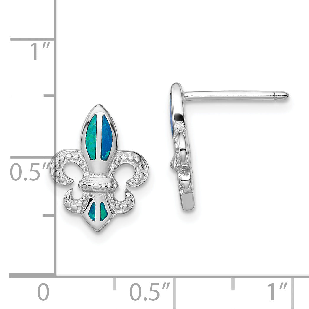 Sterling Silver Rhodium-Plated Polished & Beaded Blue Created Opal Fleur De Lis Post Earrings