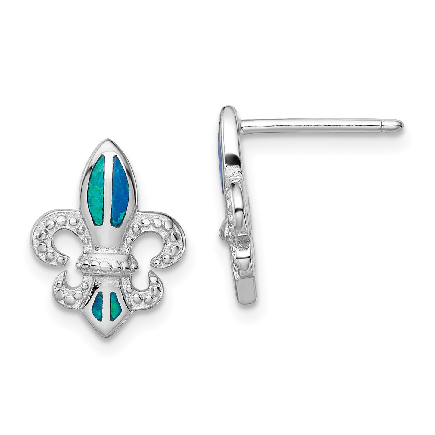 Sterling Silver Rhodium-Plated Polished & Beaded Blue Created Opal Fleur De Lis Post Earrings