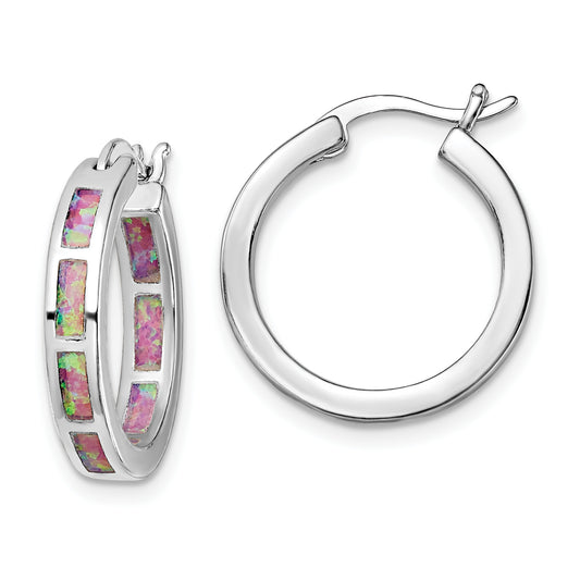 Sterling Silver Rhodium-Plated Pink Cr. Opal In/Out Round Hoop Earrings