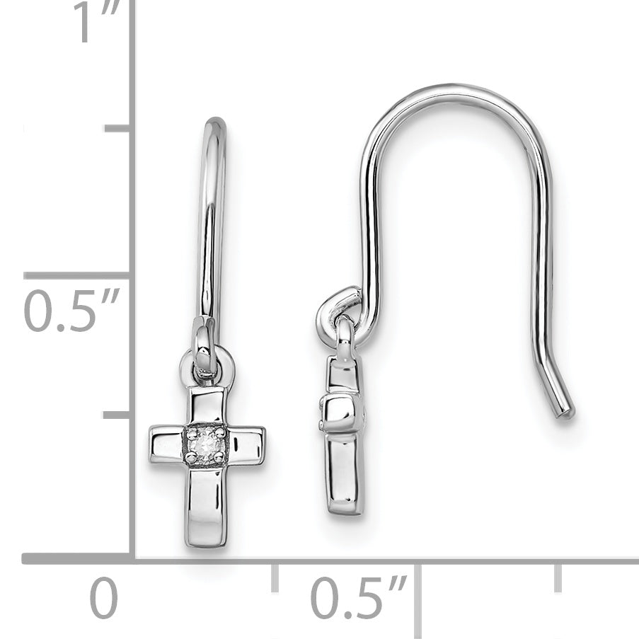 Sterling Silver Rhodium Diam. Cross Dangle Shepherds Hook Earrings