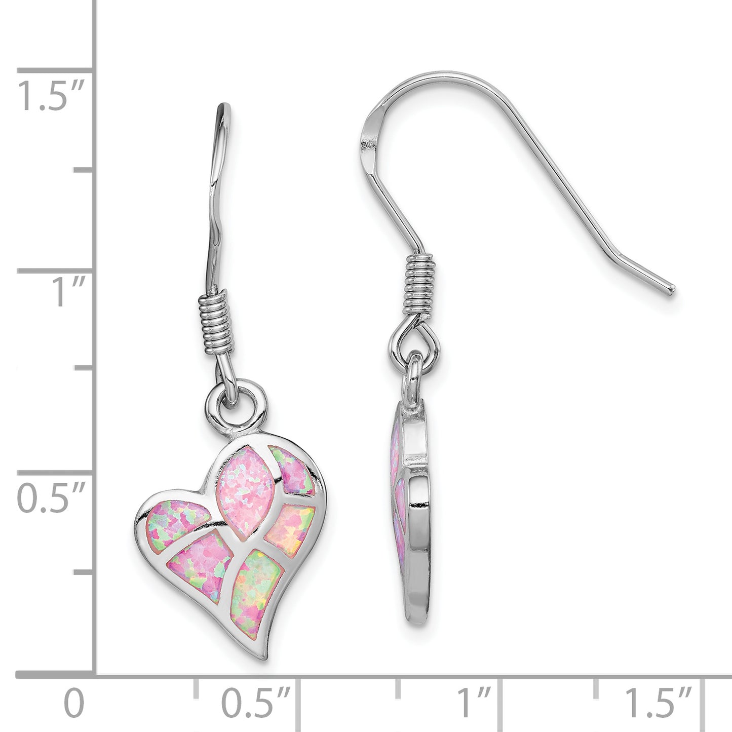 Sterling Silver Rhod-Plated Creat. Pink Opal Heart Dangle Earrings