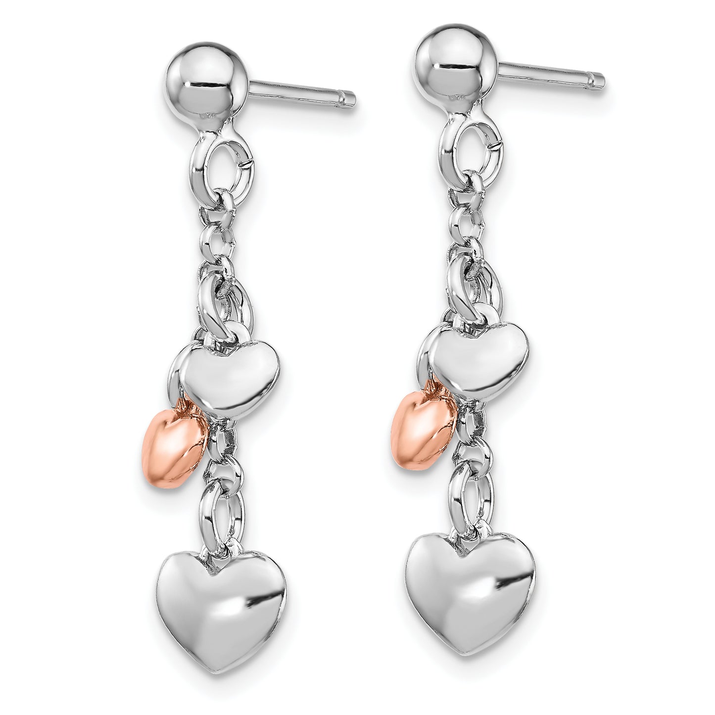 Sterling Silver Rh-Plated Rose Gold-Plated Heart Dangle Earrings