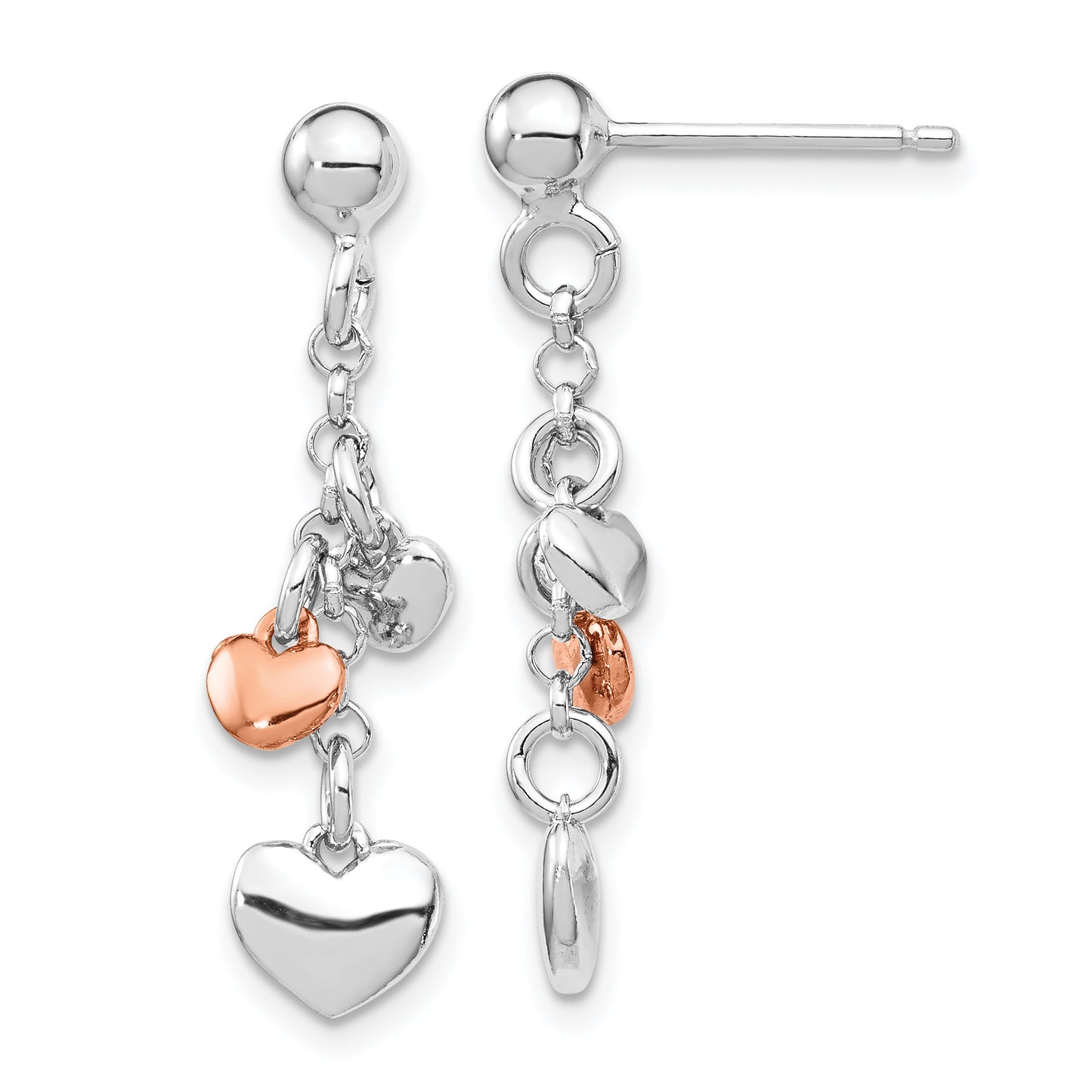 Sterling Silver Rh-Plated Rose Gold-Plated Heart Dangle Earrings