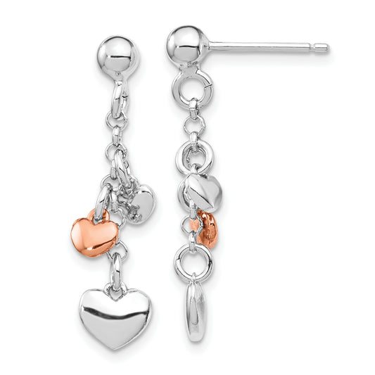 Sterling Silver Rh-Plated Rose Gold-Plated Heart Dangle Earrings