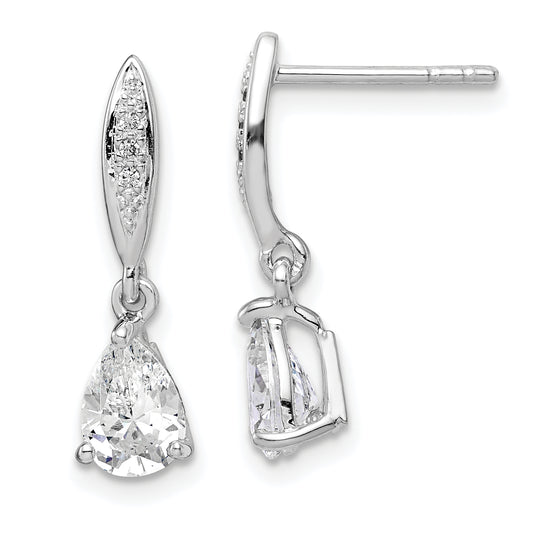 Sterling Silver Rhodium-Plated Polished Pear Cz Post Dangle Earrings