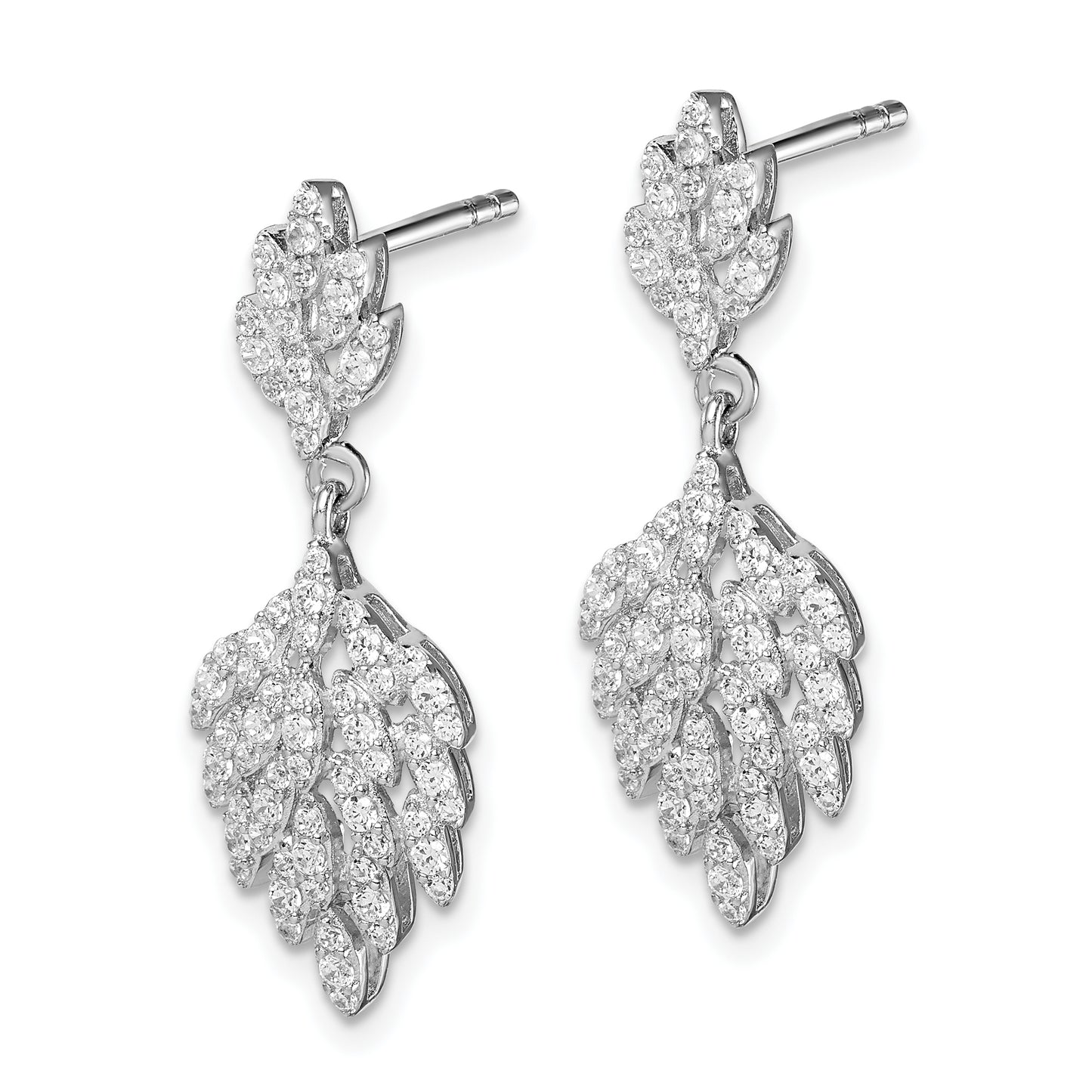 Sterling Silver Rhodium-Plated Cz Leaf Dangle Post Earrings