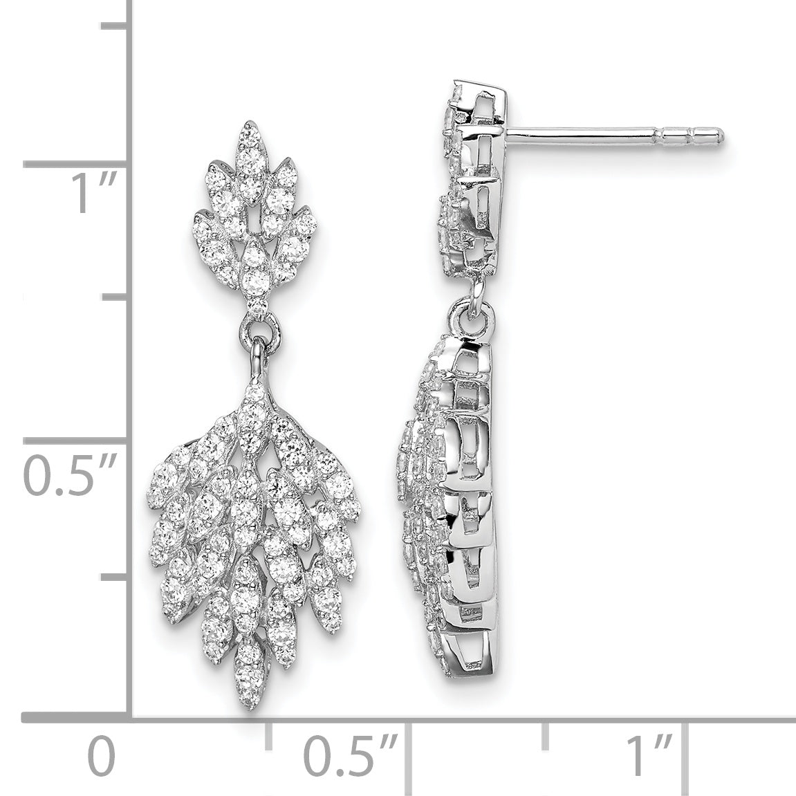 Sterling Silver Rhodium-Plated Cz Leaf Dangle Post Earrings