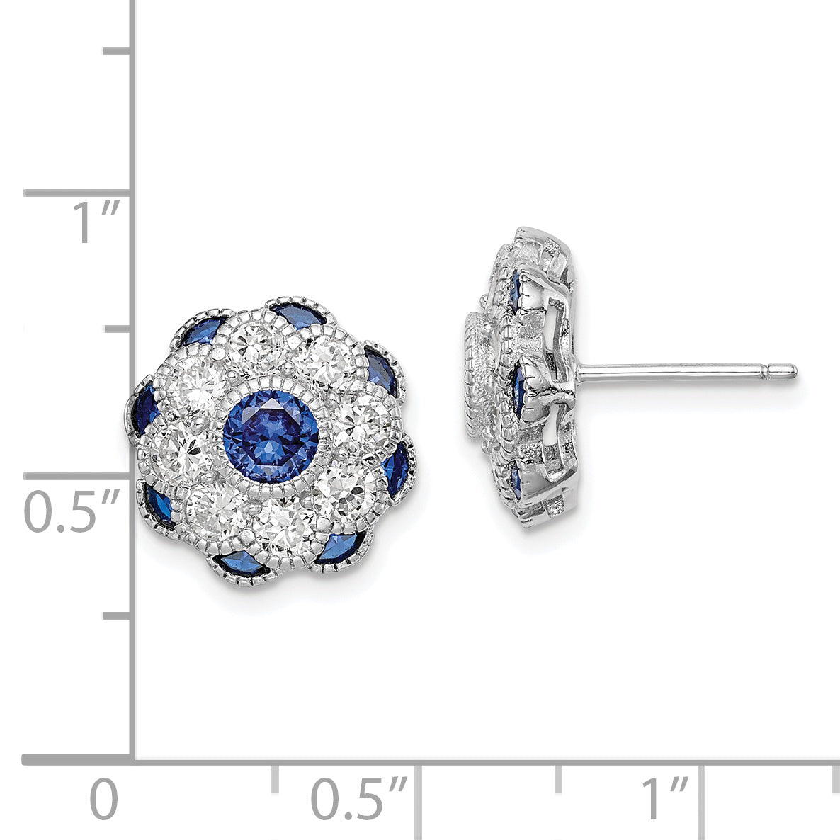 Sterling Silver Rh Plated Cz And Synthetic Blue Spinel Flower Post Earrings