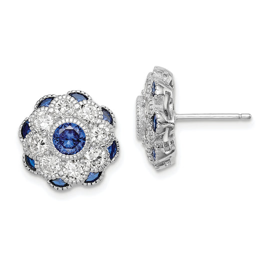 Sterling Silver Rh Plated Cz And Synthetic Blue Spinel Flower Post Earrings