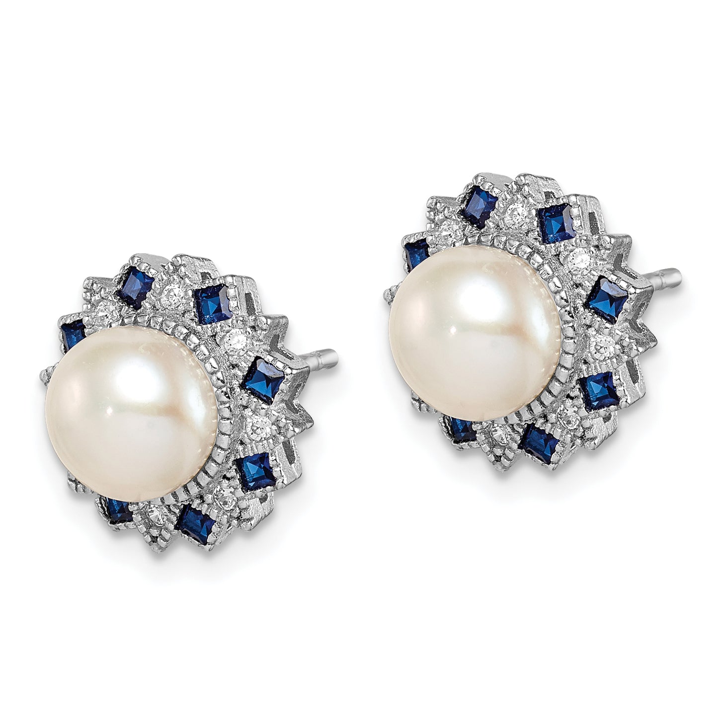 Sterling Silver Rh-Plated Fwc Pearl/Syn. Blue Spinel/Cz Earrings