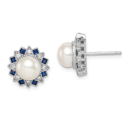 Sterling Silver Rh-Plated Fwc Pearl/Syn. Blue Spinel/Cz Earrings