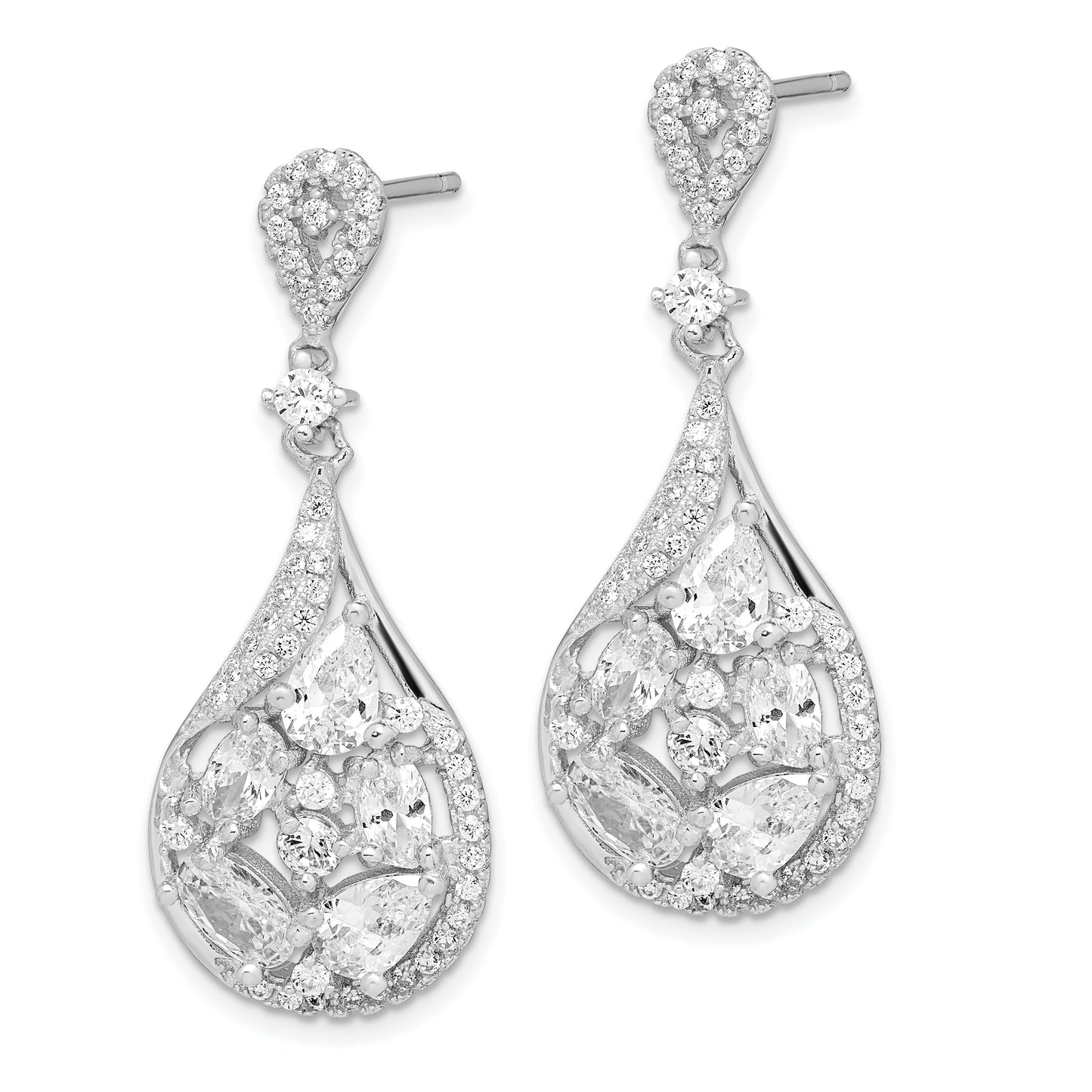 Sterling Silver Rh-Plated Polished Fancy Cz Teardrop Post Dangle Earrings