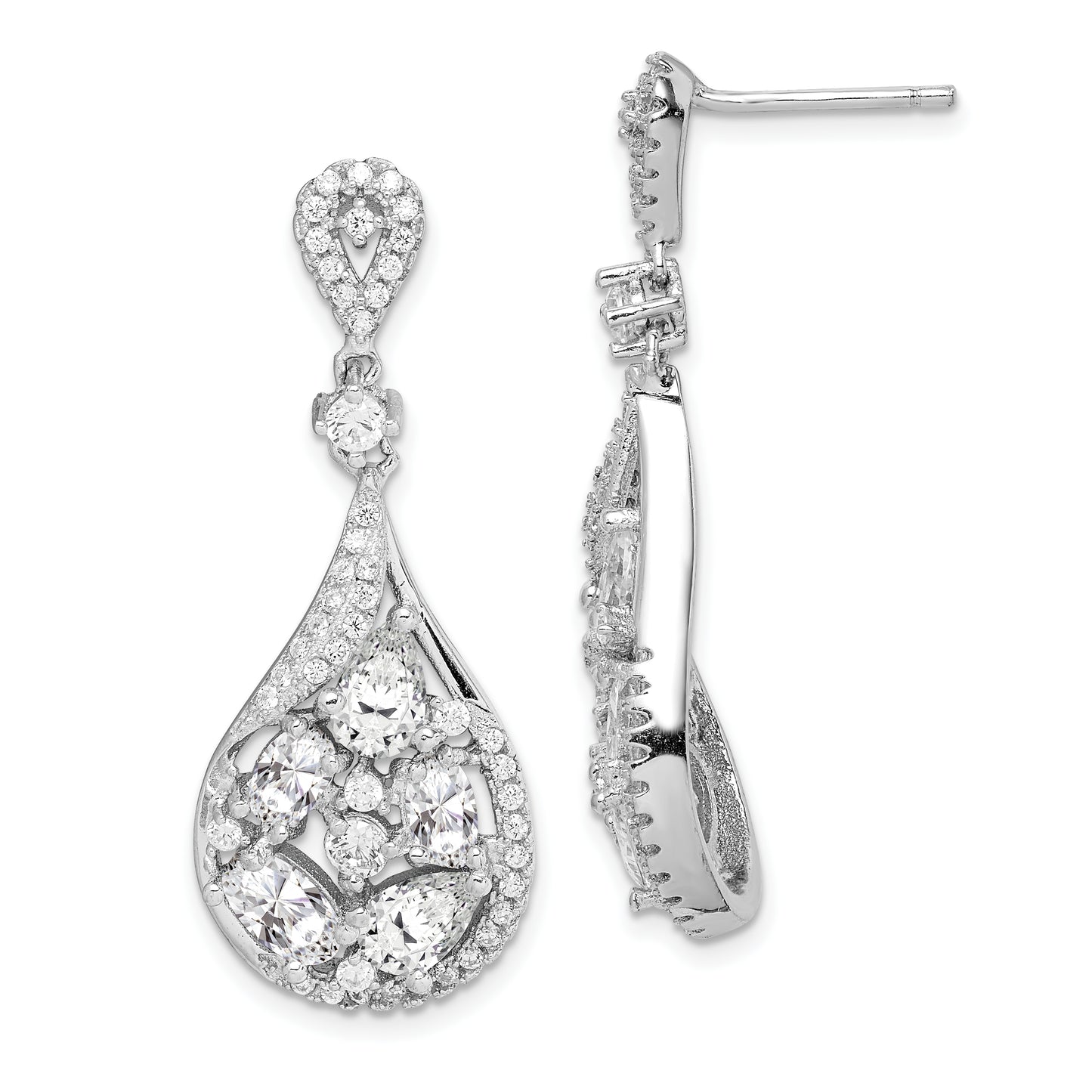 Sterling Silver Rh-Plated Polished Fancy Cz Teardrop Post Dangle Earrings