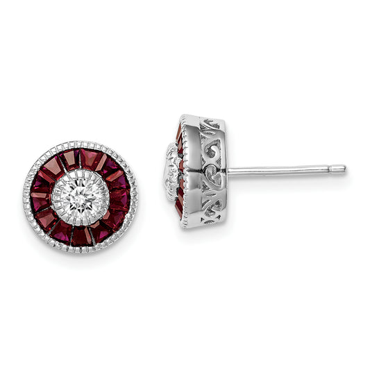 Sterling Silver Rhodium-Plated Cz /Created Ruby Halo Post Earrings