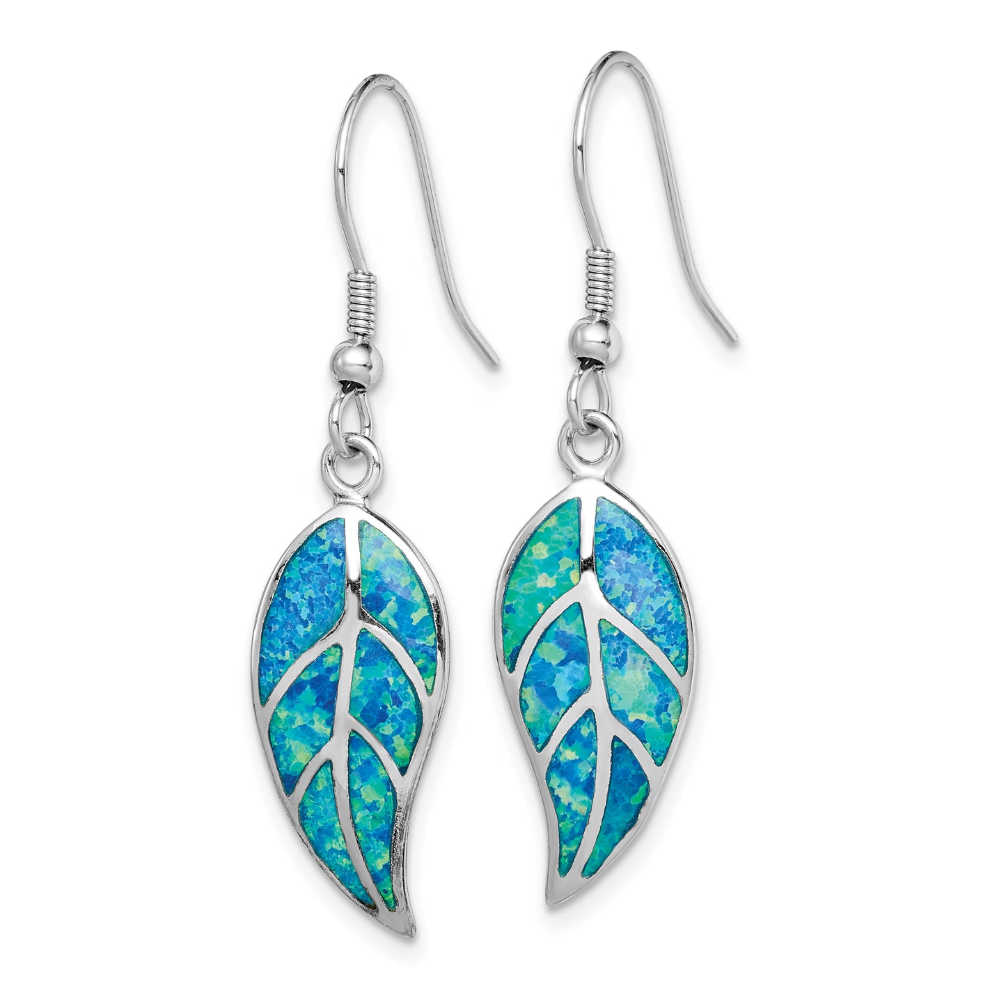 Sterling Silver Rhodium-Plated Created Blue Opal Leaf Dangle Earrings