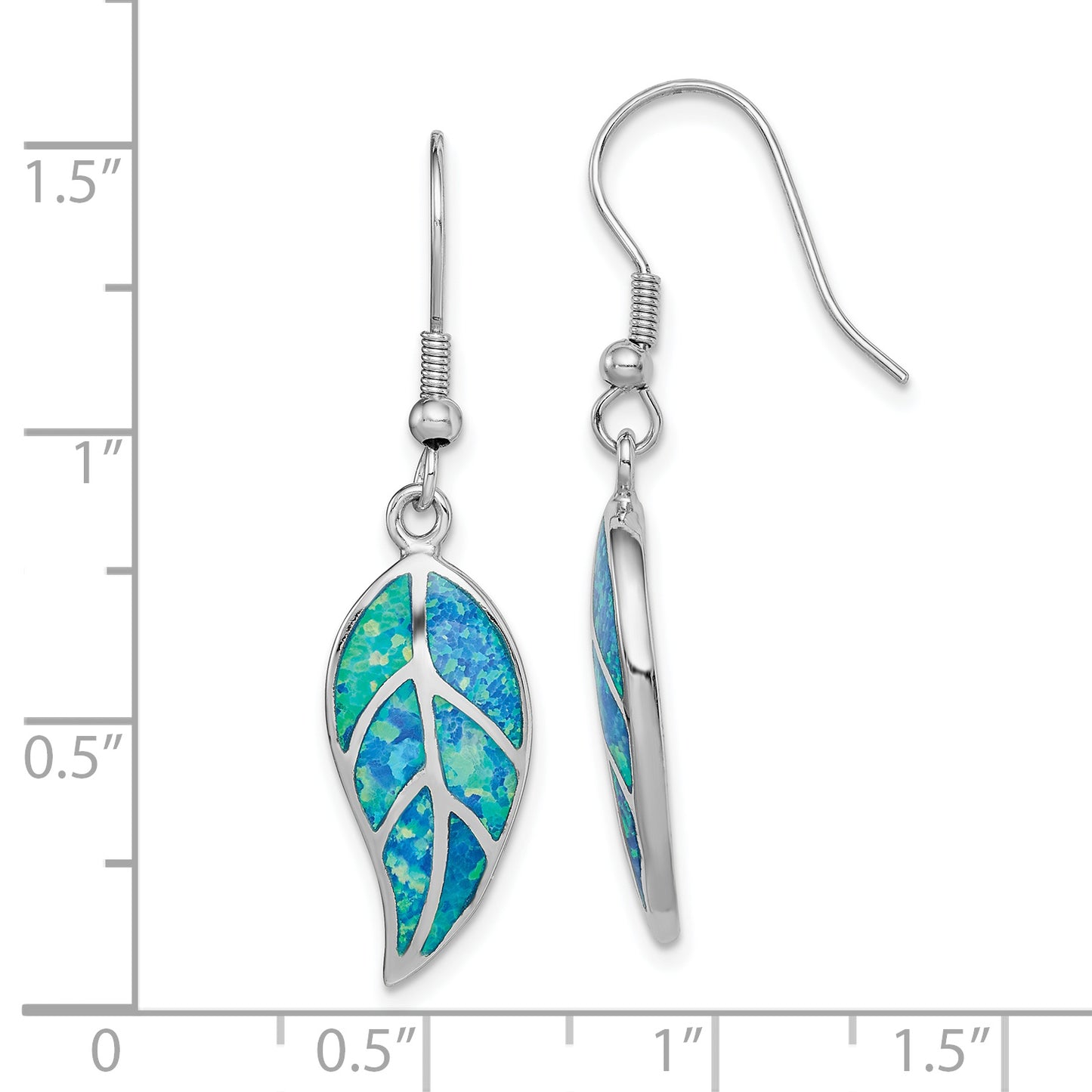 Sterling Silver Rhodium-Plated Created Blue Opal Leaf Dangle Earrings