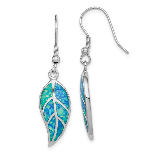 Sterling Silver Rhodium-Plated Created Blue Opal Leaf Dangle Earrings