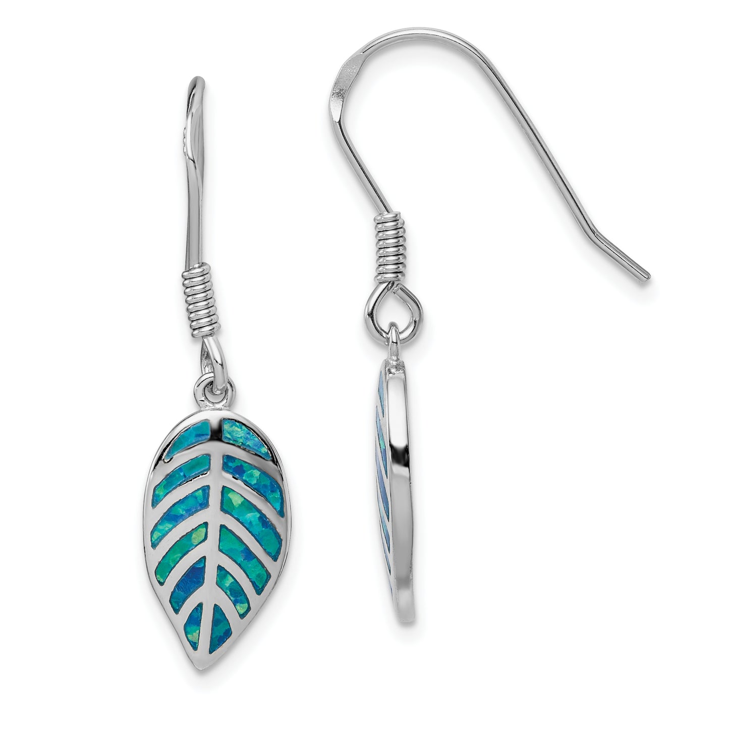 Sterling Silver Rhod-Plated Creat Blue Opal Inlay Leaf Dangle Earrings