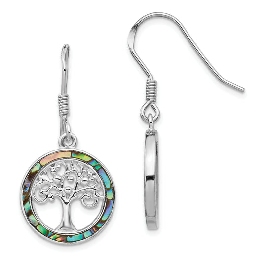 Sterling Silver Rhodium-Plated Abalone Circle W/ Tree Dangle Earrings