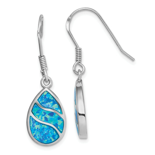 Sterling Silver Rhodium-Plated Created Opal Inlay Teardrop Dangle Earrings