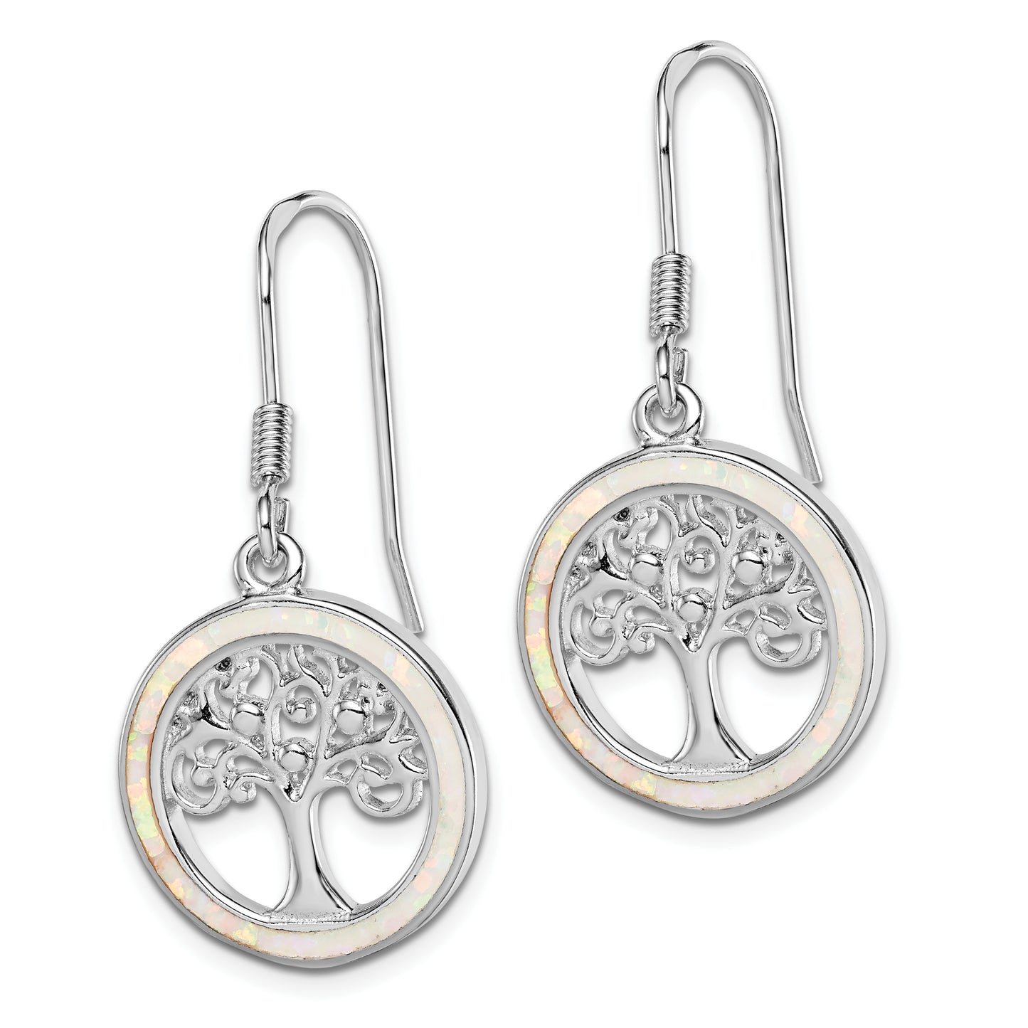 Sterling Silver Rhod-Plated Creat Opal Circle W/ Tree Dangle Earrings