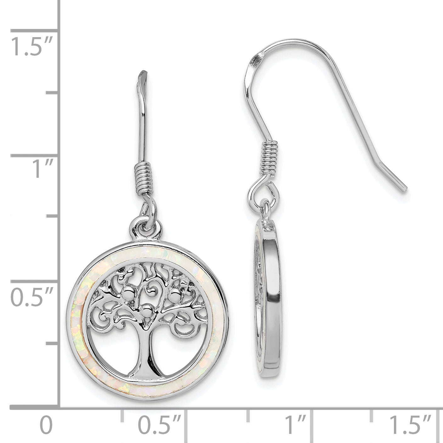 Sterling Silver Rhod-Plated Creat Opal Circle W/ Tree Dangle Earrings