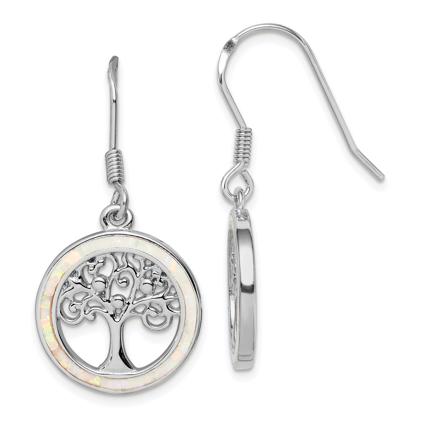 Sterling Silver Rhod-Plated Creat Opal Circle W/ Tree Dangle Earrings