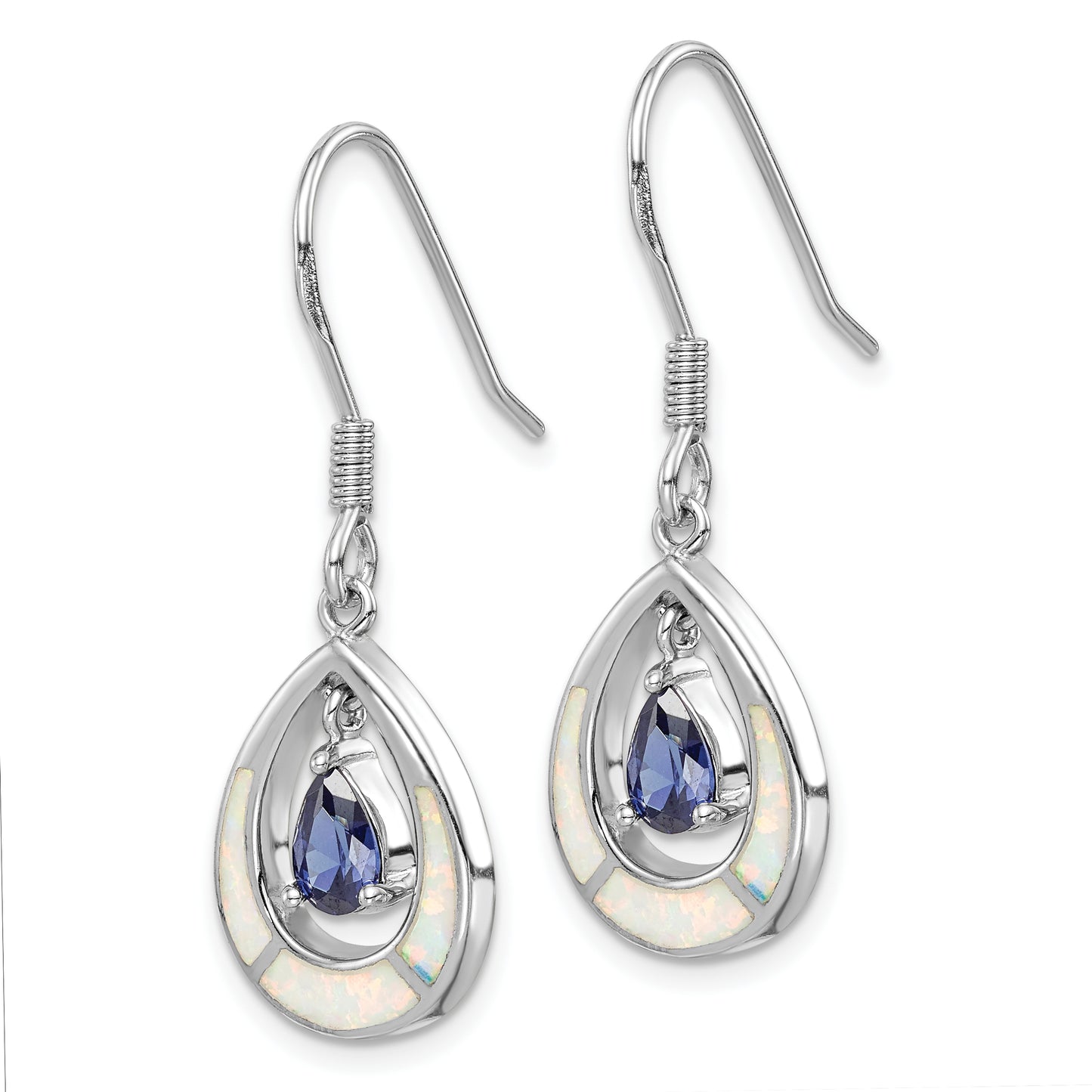 Sterling Silver Rhodium-Plated Polished Created Opal & Blue Cz Teardrop Dangle Earrings