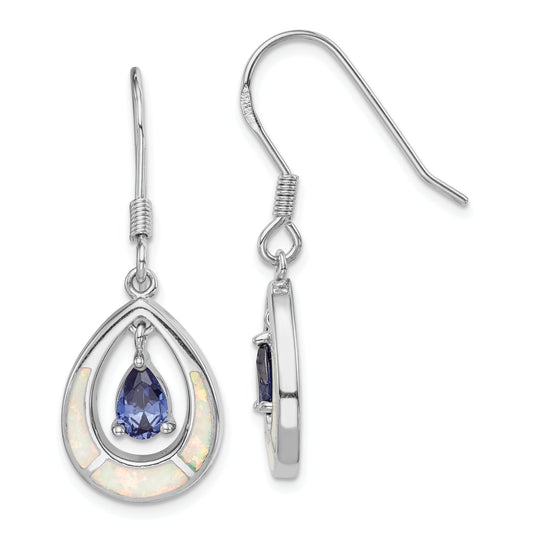 Sterling Silver Rhodium-Plated Polished Created Opal & Blue Cz Teardrop Dangle Earrings