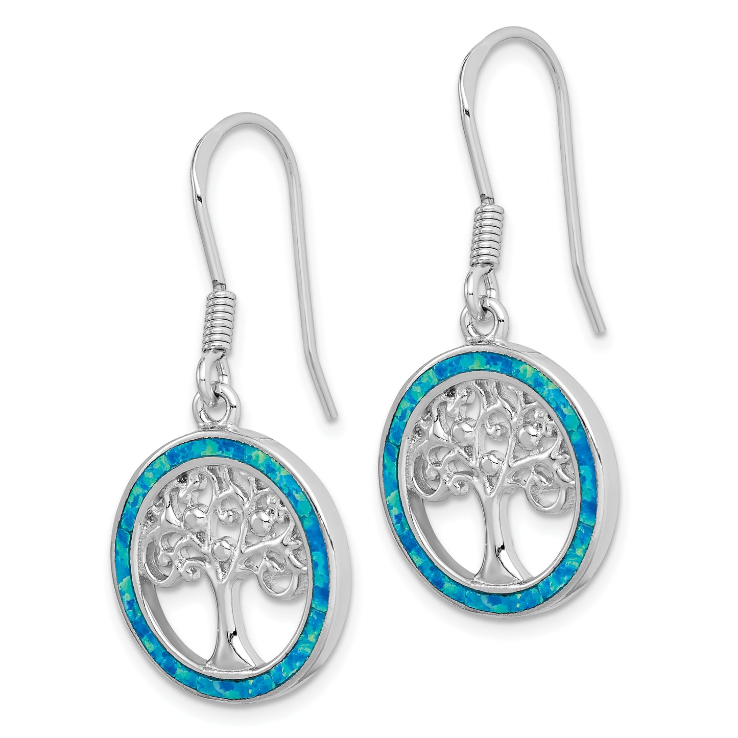 Sterling Silver Rhodium-Plated Creat Blue Opal W/ Tree Dangle Earrings