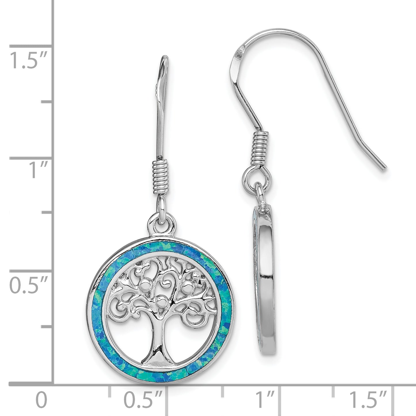 Sterling Silver Rhodium-Plated Creat Blue Opal W/ Tree Dangle Earrings