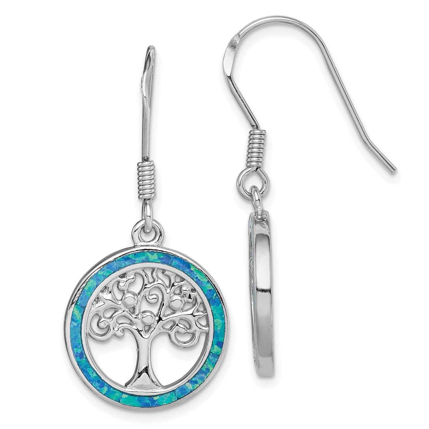 Sterling Silver Rhodium-Plated Creat Blue Opal W/ Tree Dangle Earrings