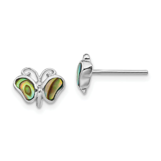 Sterling Silver Rhodium-Plated Abalone Pearl Butterfly Post Earrings