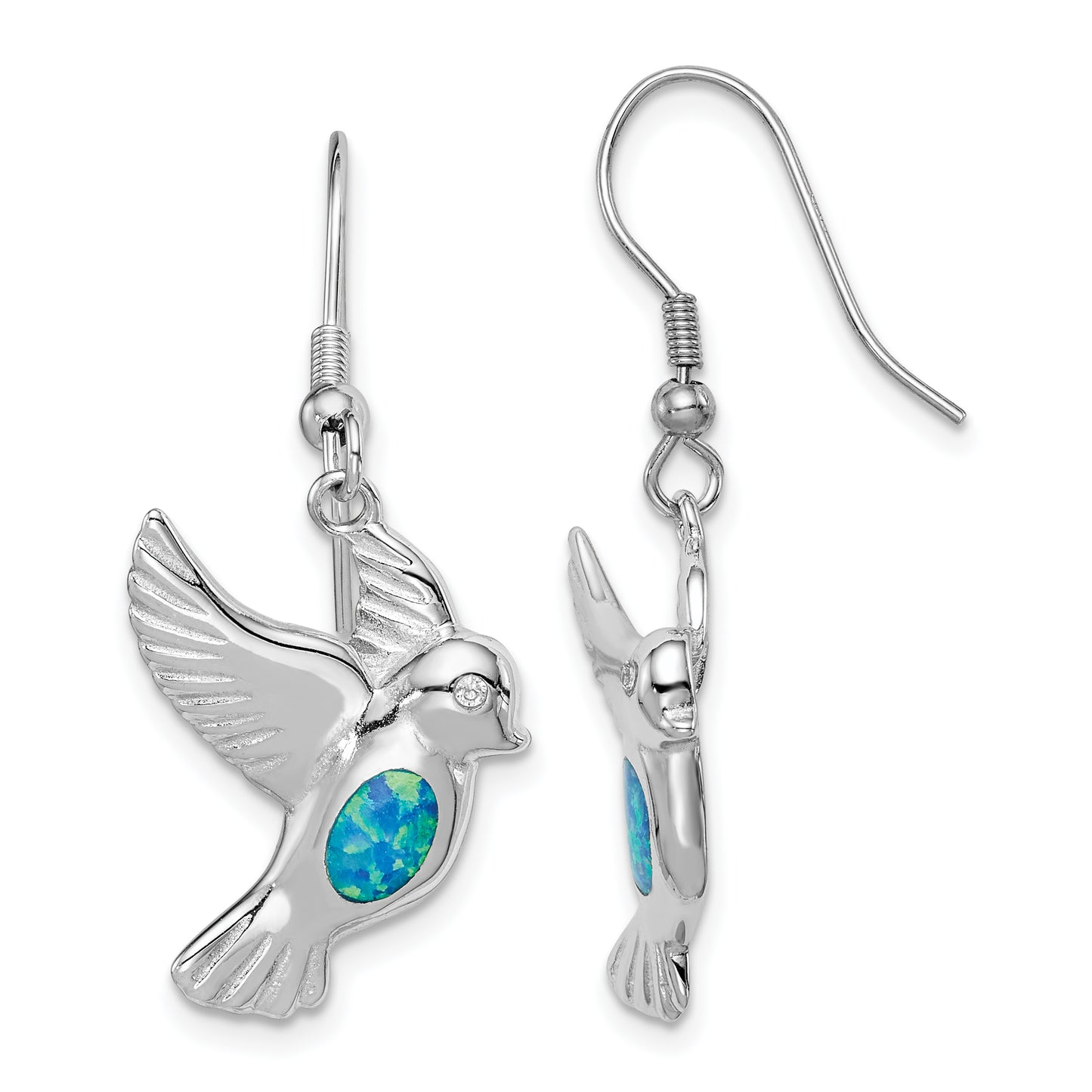 Sterling Silver Rhodium-Plated Created Blue Opal Bird Dangle Earrings