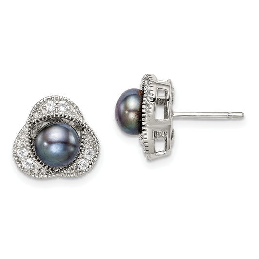 Sterling Silver Polished Black 6-7mm Freshwater Cultured Pearl And White Topaz Post Earrings