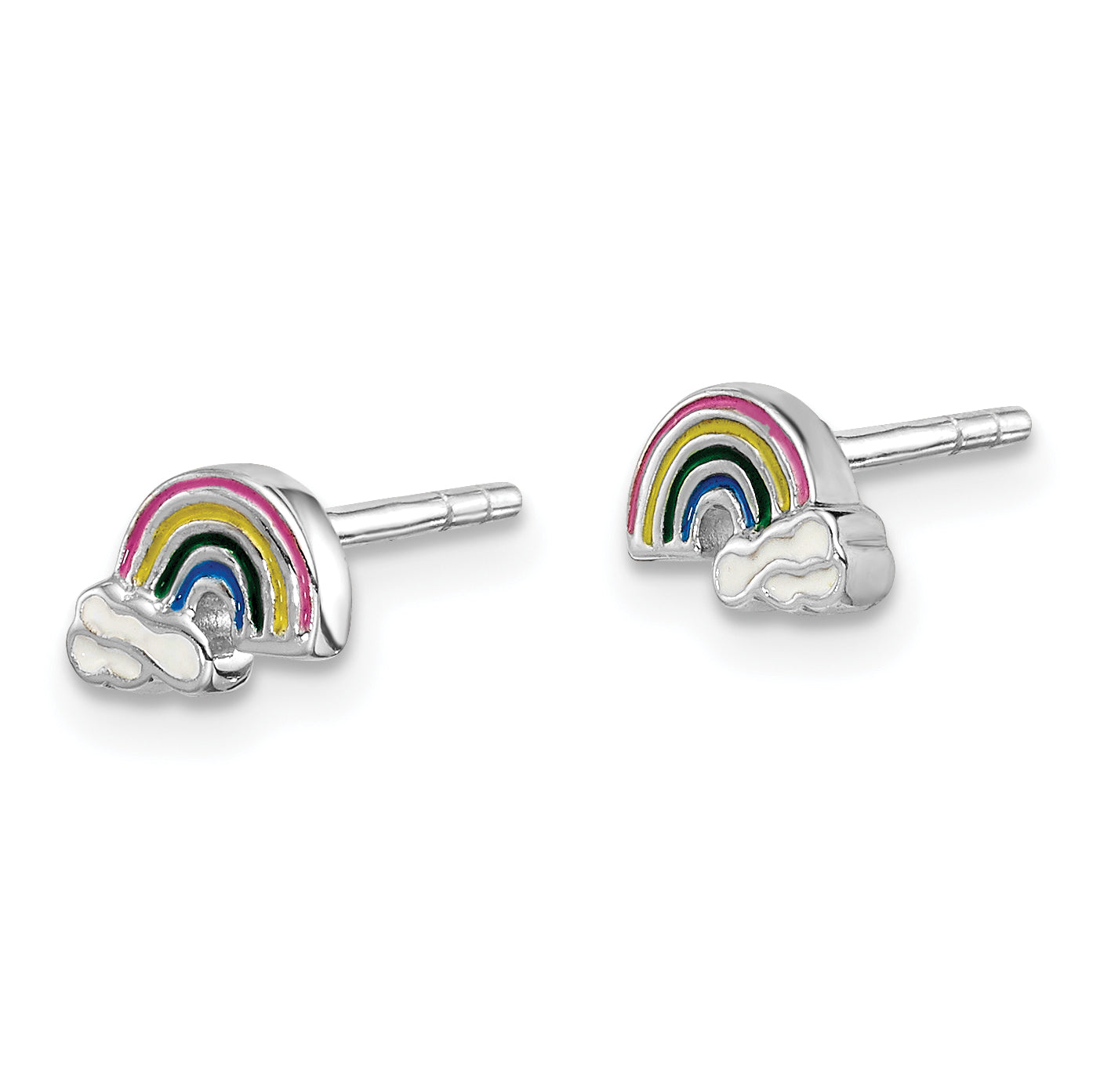 Sterling Silver Rhodium-Plated Polished & Multi-Color Enameled Rainbow Clouds Children'S Post Earrings