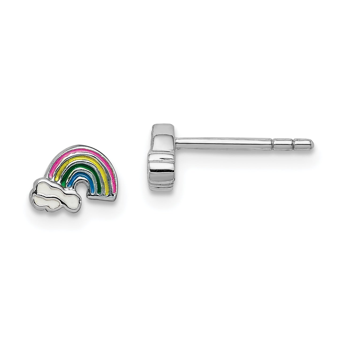 Sterling Silver Rhodium-Plated Polished & Multi-Color Enameled Rainbow Clouds Children'S Post Earrings