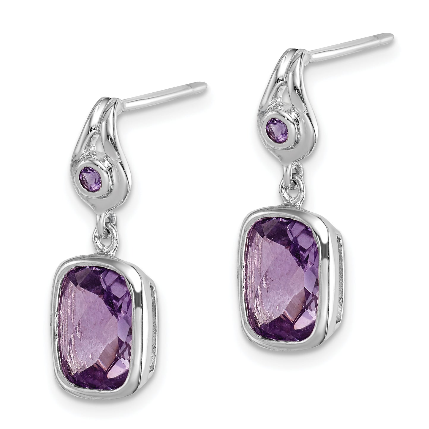 Sterling Silver Rhodium Plated Checkerboard Amethyst Dangle Earrings