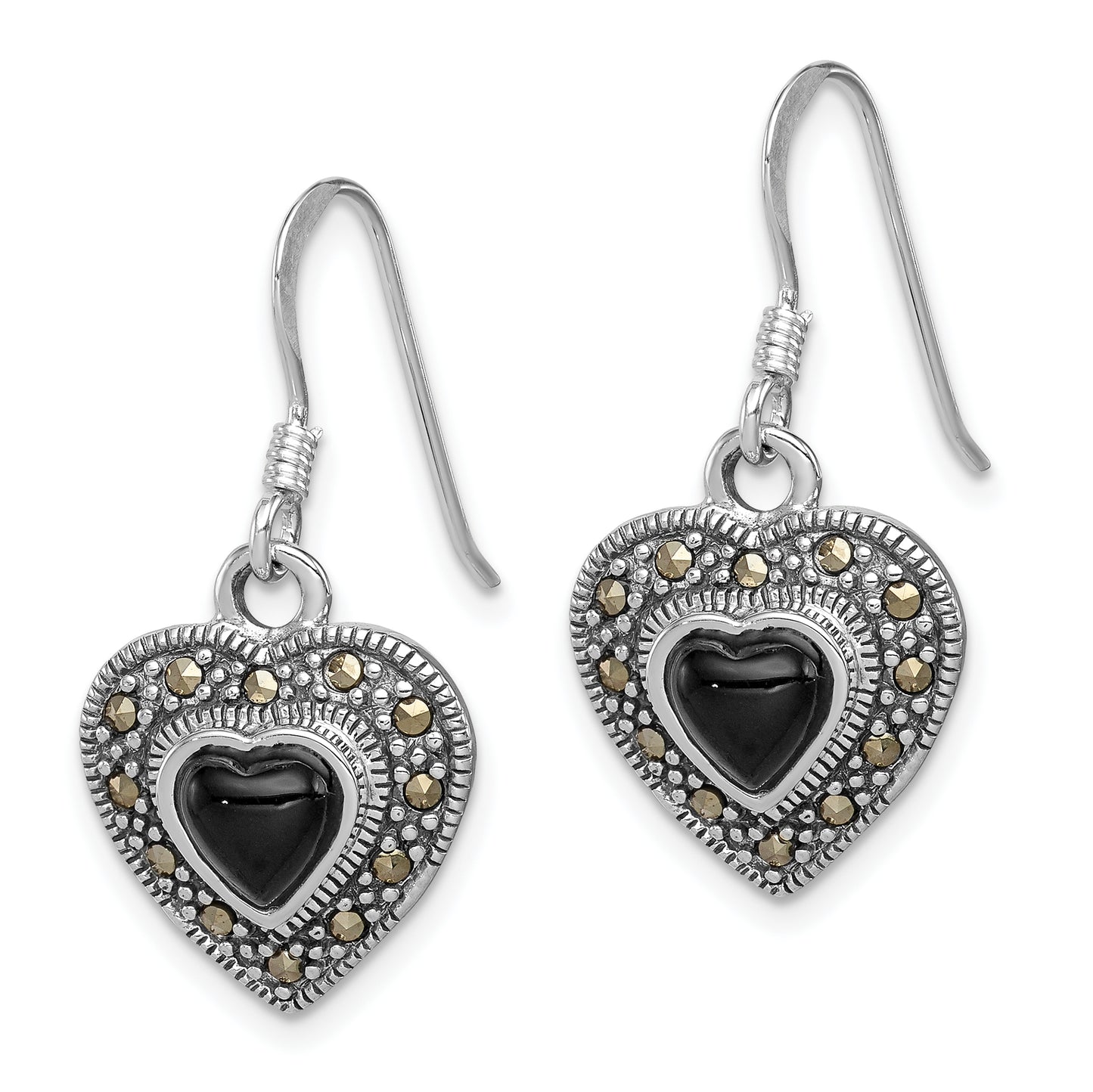 Sterling Silver Rh-Plated Antiqued Onyx & Marcasite Heart Dangle Earrings