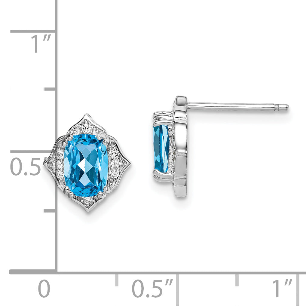 Sterling Silver Rhodium Plated Blue Topaz And White Cz Earrings