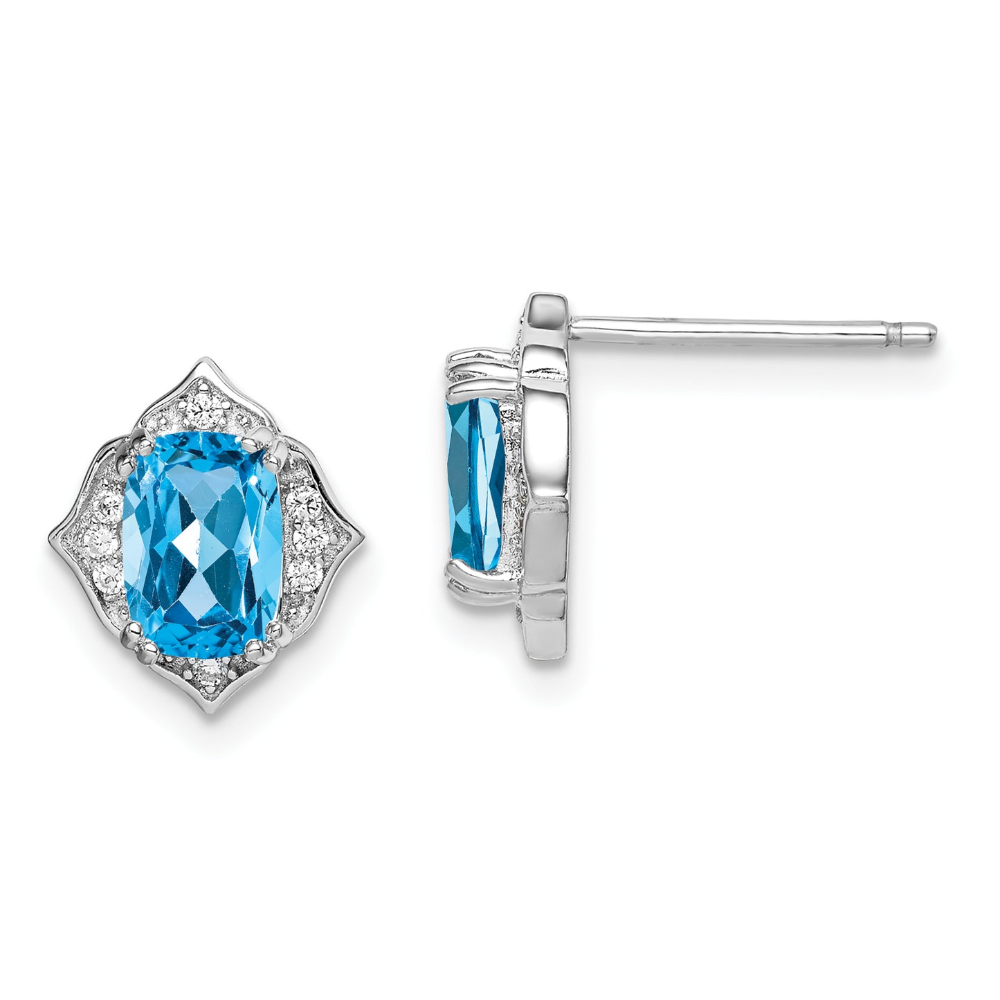 Sterling Silver Rhodium Plated Blue Topaz And White Cz Earrings