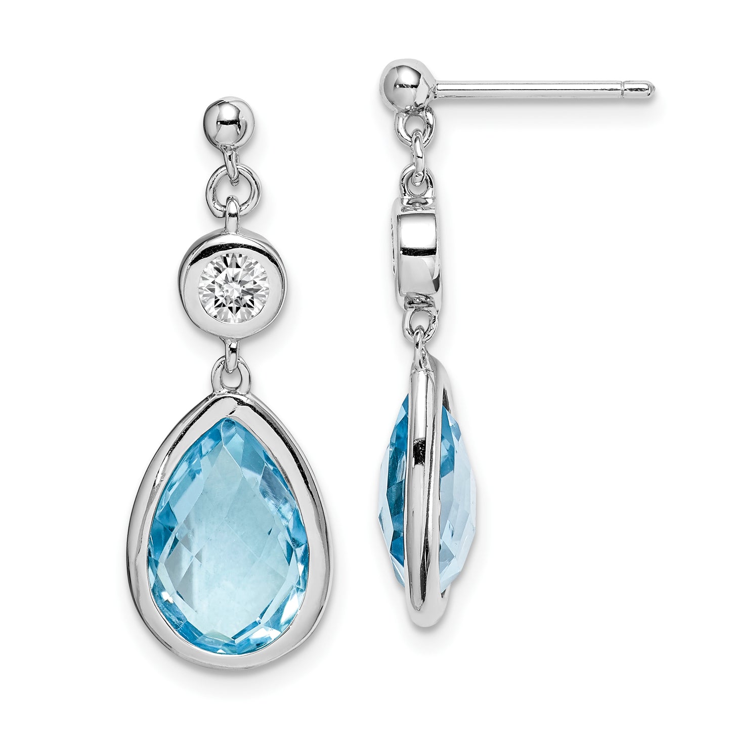 Sterling Silver Rhodium-Plated White And Blue Topaz Post Dangle Earrings